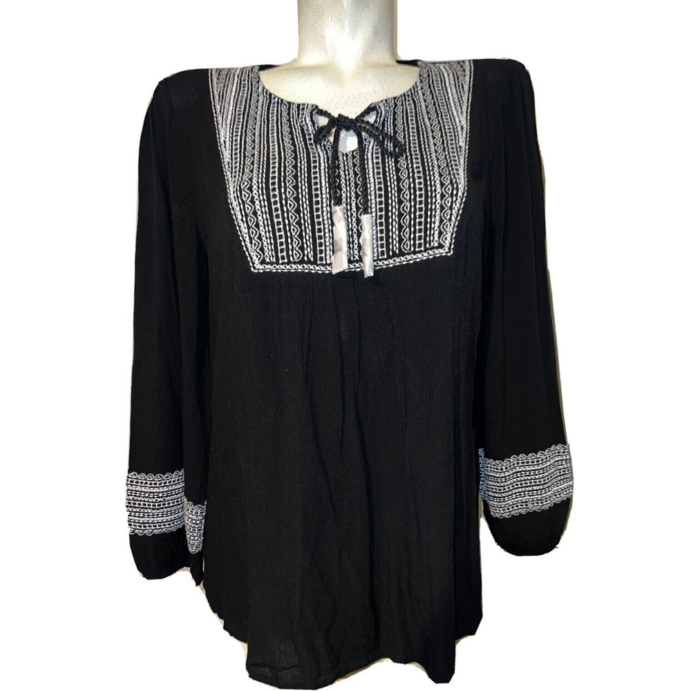 Susan Graver Women Black Embroidered Peasant Blouse Boho Tassel Top Size MP